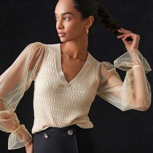 Maeve by Anthropologie cream sweater vest top with sheer sleeves